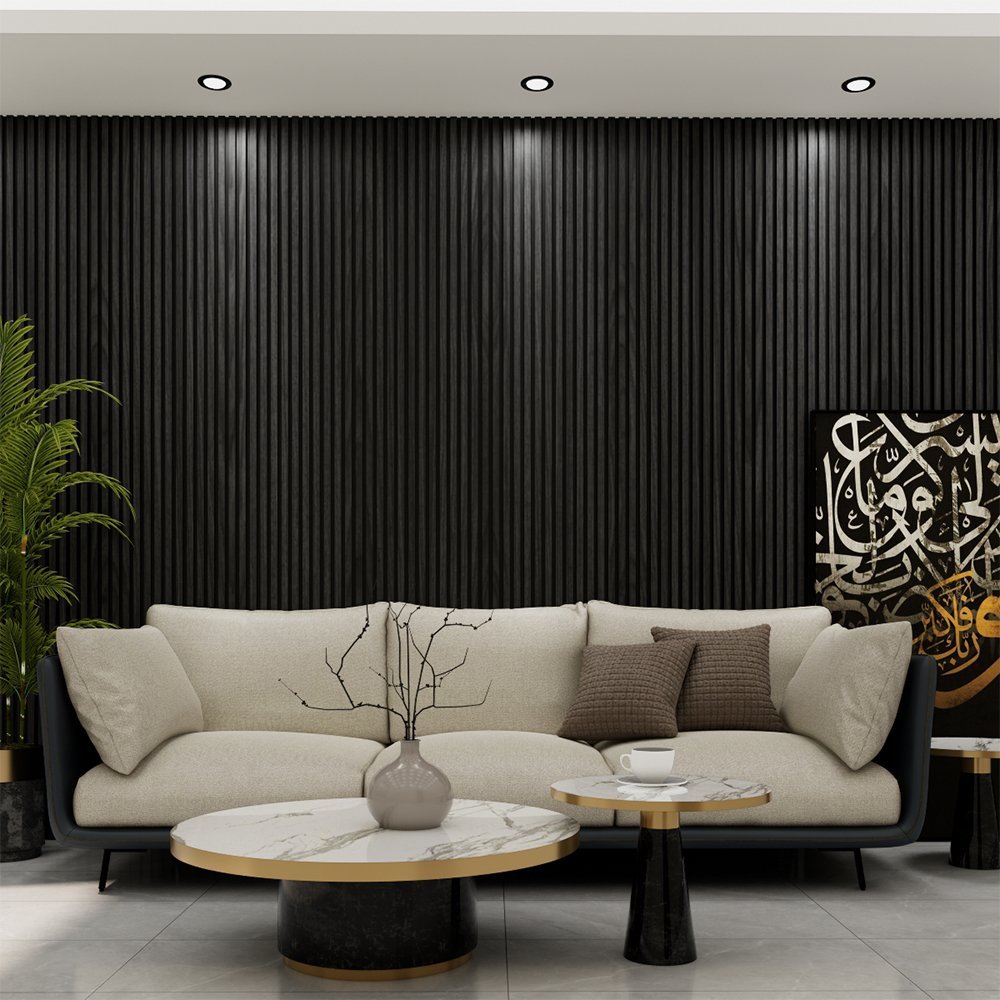 Acoustic Slat Wall Panel | PU Black | Premium 3-sided Wood Veneer
