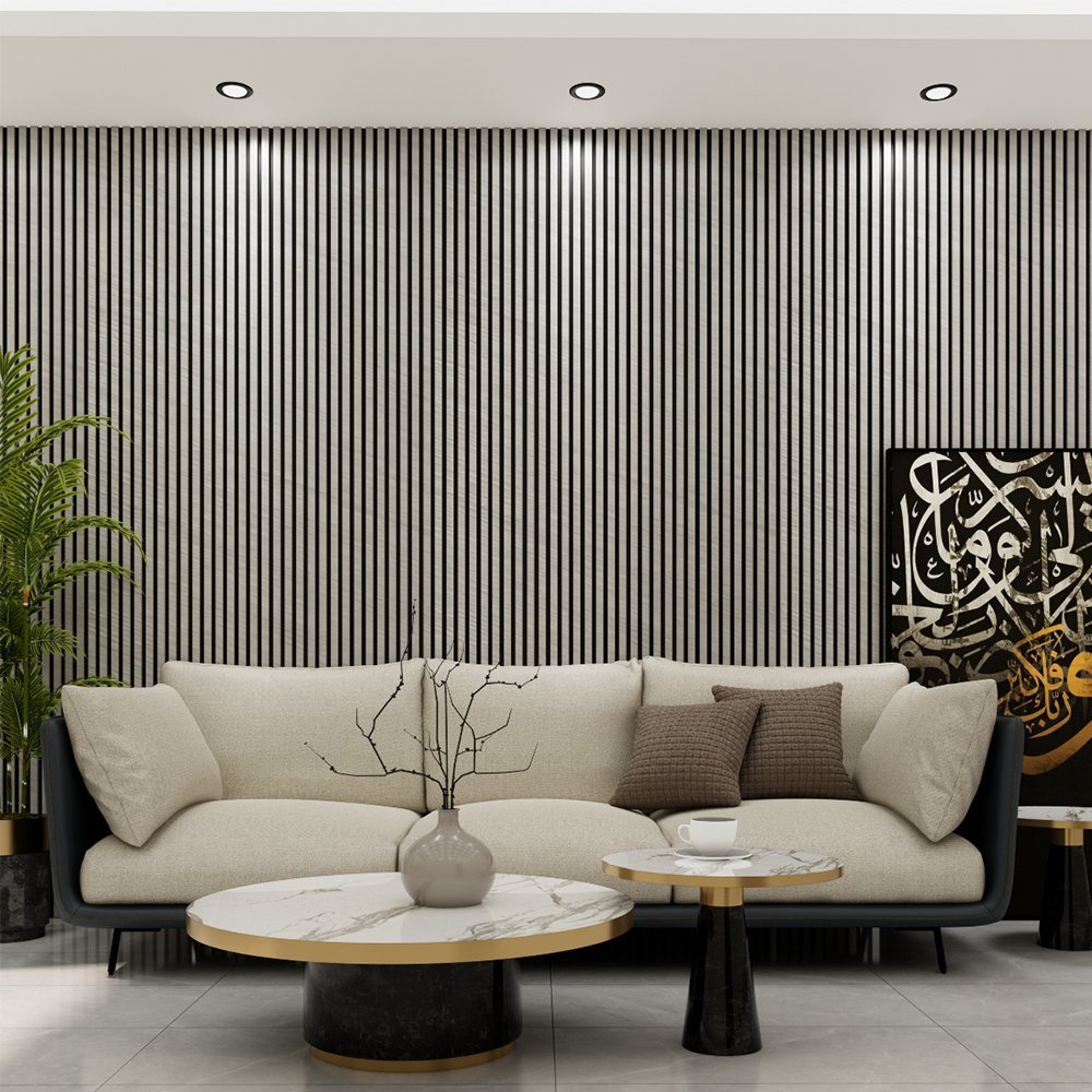 Acoustic Slat Wall Panel | PU Metal Silver | Premium 3-sided Wood Veneer