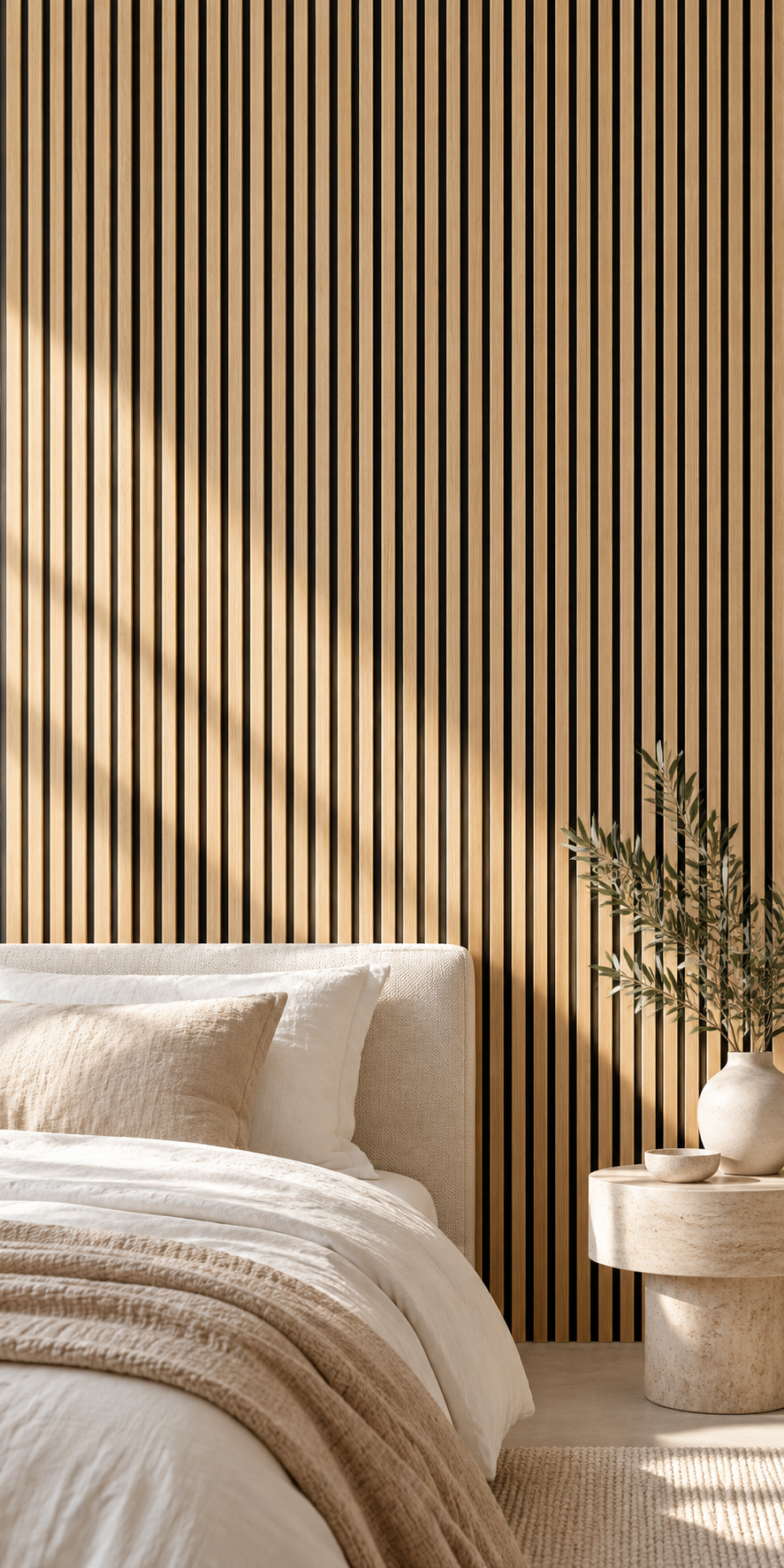 Luxury bedroom with natural oak slat wall