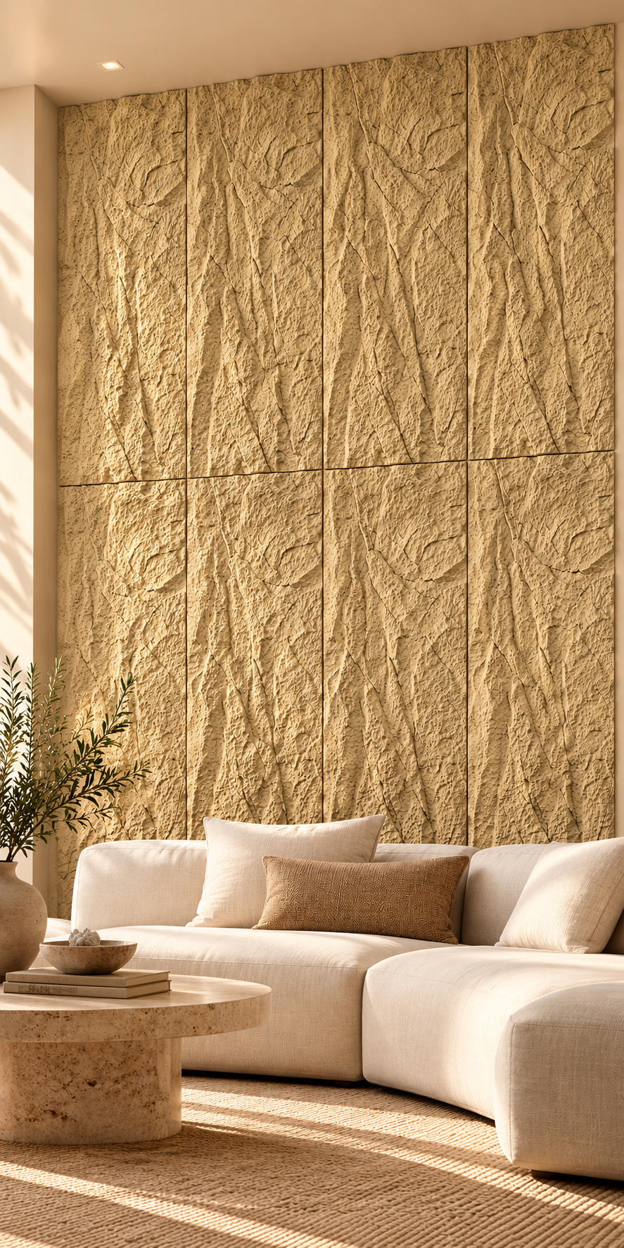 Sunlit living room with modular rock panels